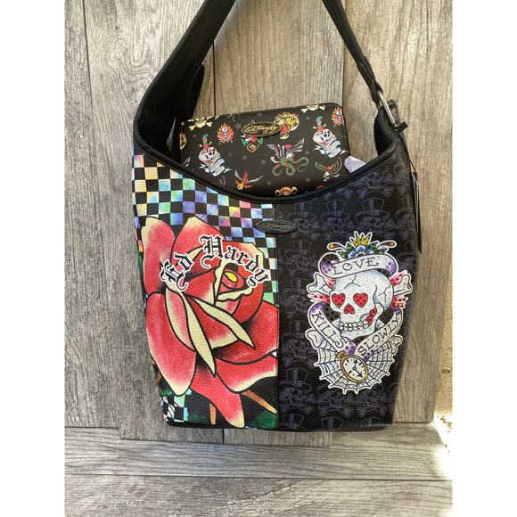 Ed Hardy Embellished Bag & Wallet Set | Skull Rose Tattoo Print - Picture 1 of 11